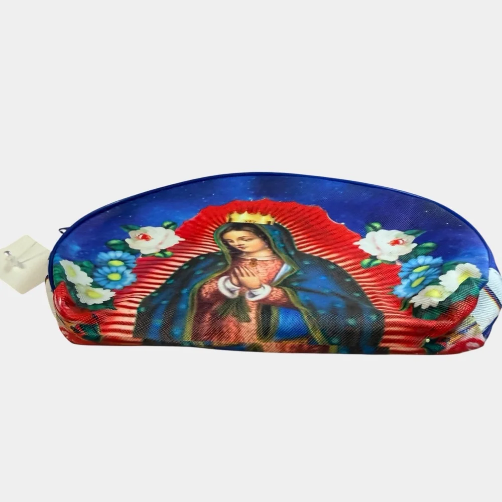 Virgin Mary Guadalupe Cosmetic Bag Makeup Pouch Blue Zipper Travel Case